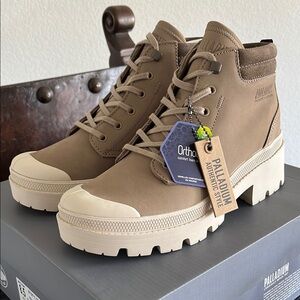 Palladium Brown and Cream Combat Boots with Chunky Sole